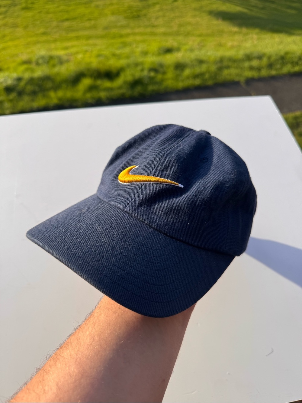 Vintage Nike Mini Swoosh Dad Hat Cap Navy Yellow Embroidered Logo